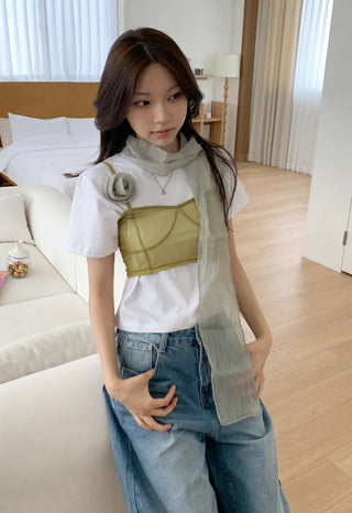 Lia Rose Brooch See-through Wrinkle Long Scarf