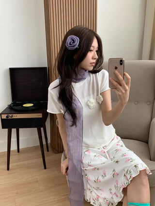 Lia Rose Brooch See-through Wrinkle Long Scarf