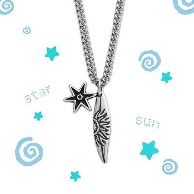 Surfing Star Feather Pendant Silver Chain Necklace