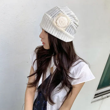 Rose Bloom Flower See-through Knit Beanie Hat