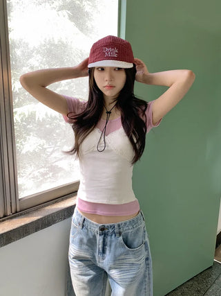 Milk Color Block Check Anorak String Camp Cap