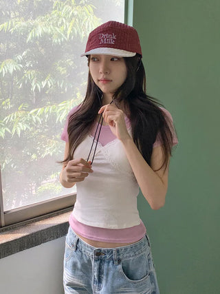 Milk Color Block Check Anorak String Camp Cap