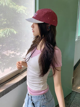 Milk Color Block Check Anorak String Camp Cap
