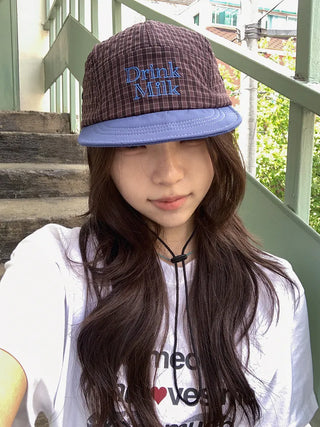 Milk Color Block Check Anorak String Camp Cap