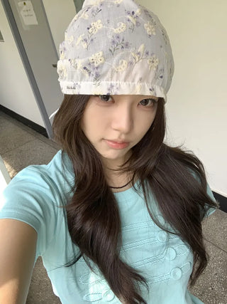Jimmy Flower Embroidered Ribbon Bandana Beanie Strap Hat