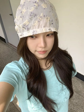 Jimmy Flower Embroidered Ribbon Bandana Beanie Strap Hat