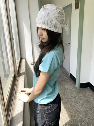 Jimmy Flower Embroidered Ribbon Bandana Beanie Strap Hat