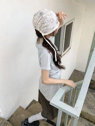 Jimmy Flower Embroidered Ribbon Bandana Beanie Strap Hat
