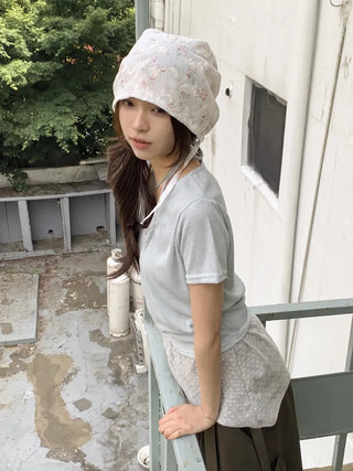 Jimmy Flower Embroidered Ribbon Bandana Beanie Strap Hat