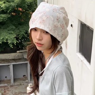 Jimmy Flower Embroidered Ribbon Bandana Beanie Strap Hat