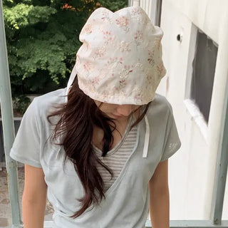 Jimmy Flower Embroidered Ribbon Bandana Beanie Strap Hat
