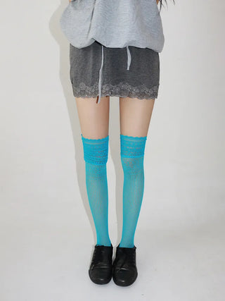 Lace Color-Point Mesh Summer Knee Socks