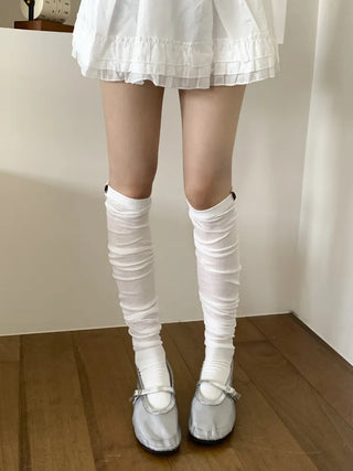 Basic See-through Cotton Shirred Knee Warmer Long Socks