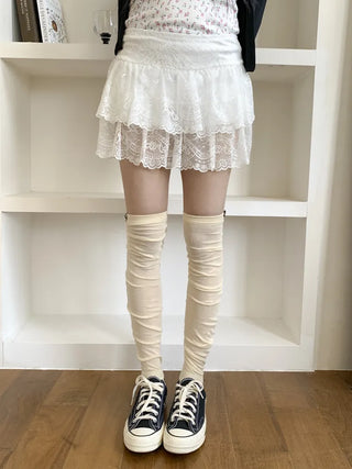 Basic See-through Cotton Shirred Knee Warmer Long Socks