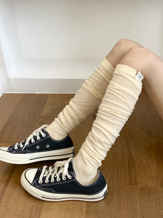 Basic See-through Cotton Shirred Knee Warmer Long Socks