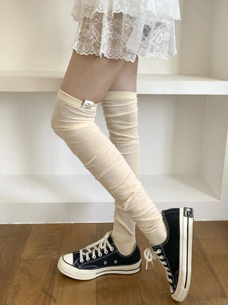 Basic See-through Cotton Shirred Knee Warmer Long Socks