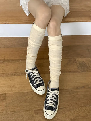 Basic See-through Cotton Shirred Knee Warmer Long Socks