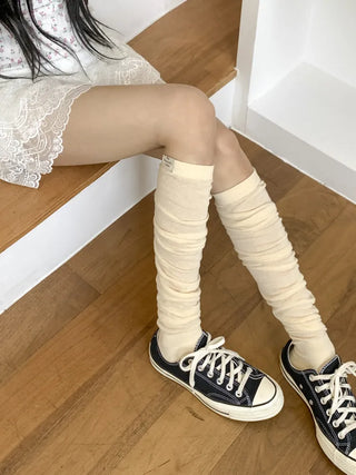 Basic See-through Cotton Shirred Knee Warmer Long Socks