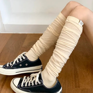 Basic See-through Cotton Shirred Knee Warmer Long Socks
