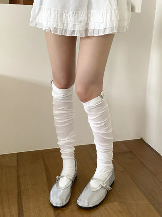 Basic See-through Cotton Shirred Knee Warmer Long Socks