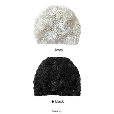 Rose Lace Flower See-through Knit Punched Bandana Beanie Hat