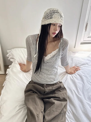 Rose Lace Flower See-through Knit Punched Bandana Beanie Hat