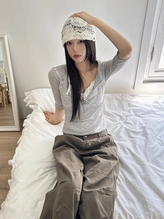 Rose Lace Flower See-through Knit Punched Bandana Beanie Hat
