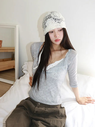 Rose Lace Flower See-through Knit Punched Bandana Beanie Hat
