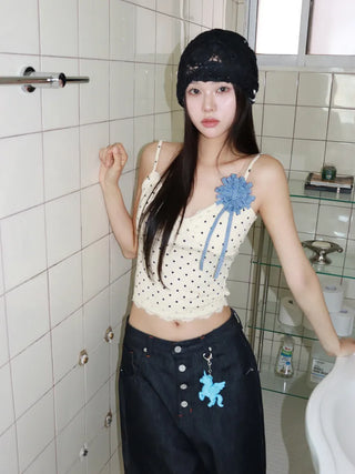 Rose Lace Flower See-through Knit Punched Bandana Beanie Hat