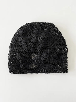 Rose Lace Flower See-through Knit Punched Bandana Beanie Hat