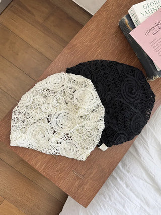 Rose Lace Flower See-through Knit Punched Bandana Beanie Hat