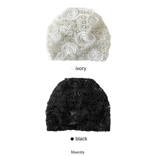 Rose Lace Flower See-through Knit Punched Bandana Beanie Hat