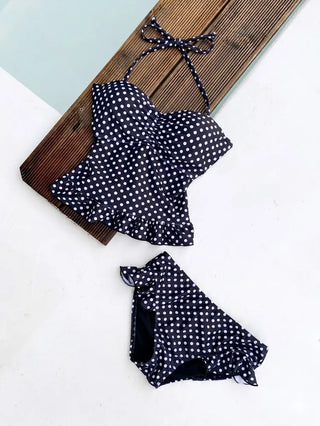 Dot and Frill Halter Top Sleeveless Bikini Two-Piece Set Swimwear