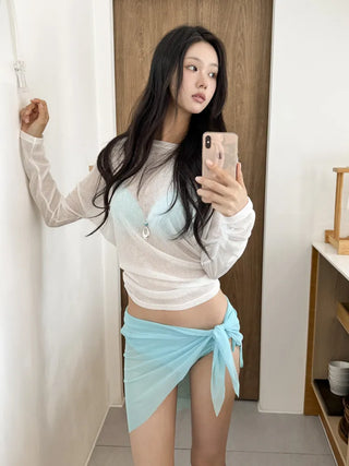 Minty Blue Ribbon Cover-up Skirt Piece Set Bikini Swimwear