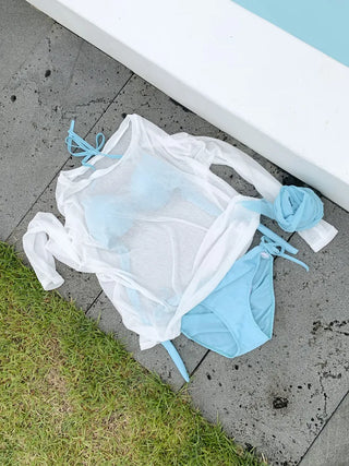 Minty Blue Ribbon Cover-up Skirt Piece Set Bikini Swimwear