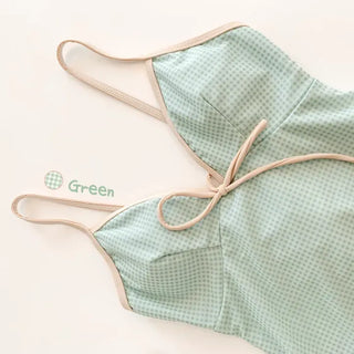 Lime Check Ribbon See-through Monokini One-Piece Swimsuit