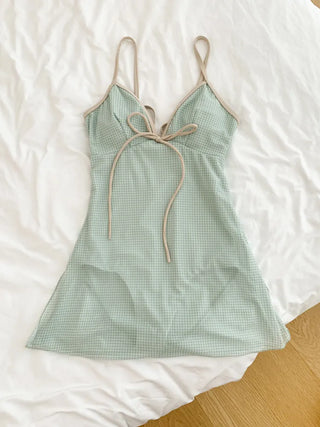 Lime Check Ribbon See-through Monokini One-Piece Swimsuit