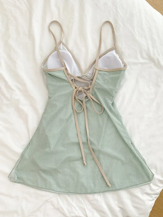 Lime Check Ribbon See-through Monokini One-Piece Swimsuit