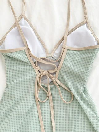 Lime Check Ribbon See-through Monokini One-Piece Swimsuit