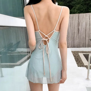 Lime Check Ribbon See-through Monokini One-Piece Swimsuit