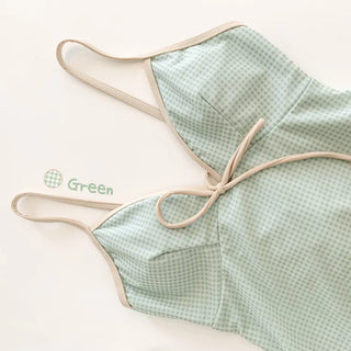 Lime Check Ribbon See-through Monokini One-Piece Swimsuit