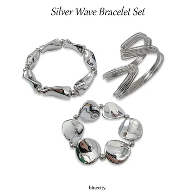 Silver Wave Bold Layered Metal Bangle Bracelet Piece Set