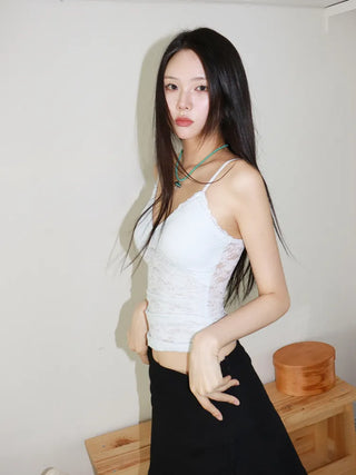 Flori Cross Lace See-through Shirred Sleeveless Strappy Top