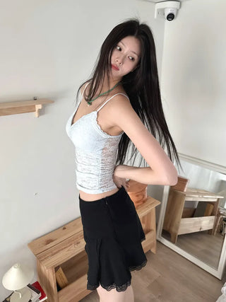Flori Cross Lace See-through Shirred Sleeveless Strappy Top