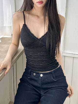 Flori Cross Lace See-through Shirred Sleeveless Strappy Top
