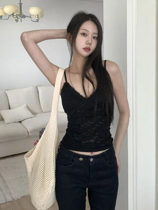 Flori Cross Lace See-through Shirred Sleeveless Strappy Top