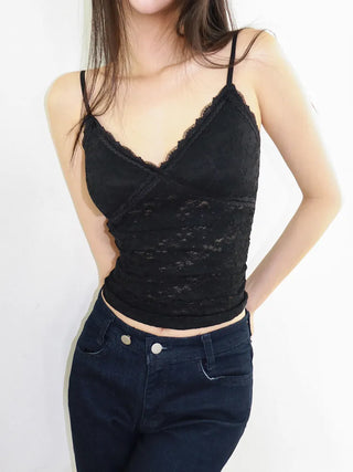Flori Cross Lace See-through Shirred Sleeveless Strappy Top