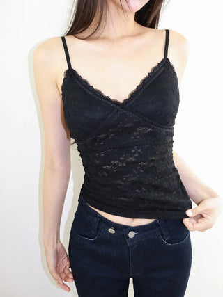 Flori Cross Lace See-through Shirred Sleeveless Strappy Top