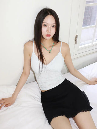 Flori Cross Lace See-through Shirred Sleeveless Strappy Top
