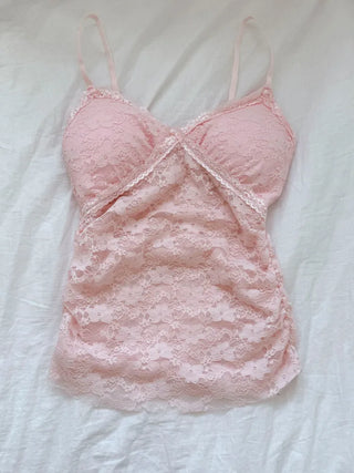 Flori Cross Lace See-through Shirred Sleeveless Strappy Top